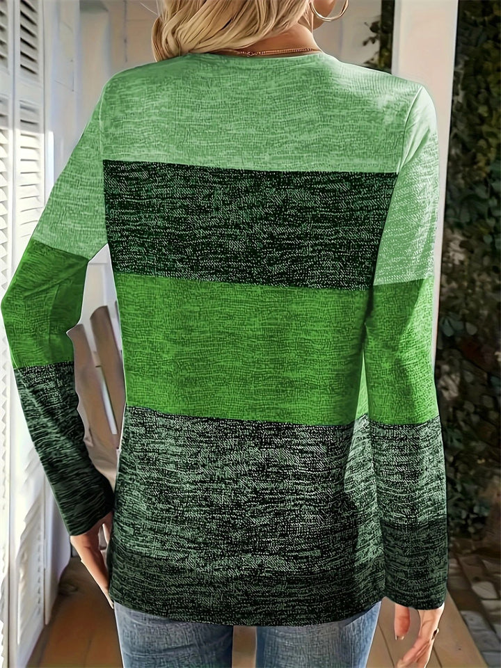 T-shirts décontractés à manches longues et col en V de couleur contrastante pour femmes taille plus