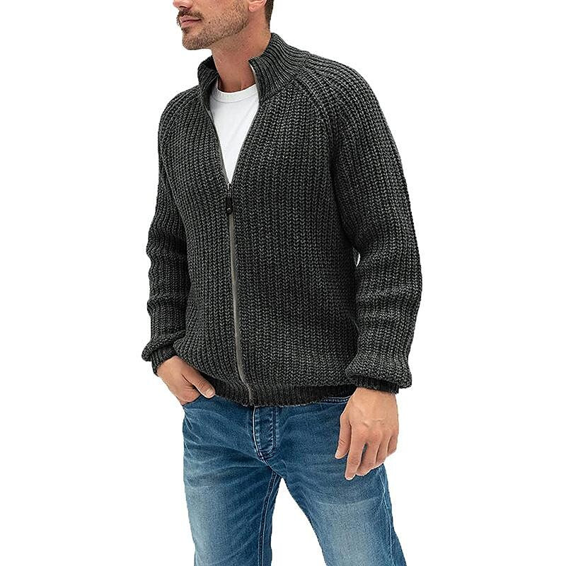 Herren Rollkragen-Strickjacke mit Reißverschluss, einfarbig