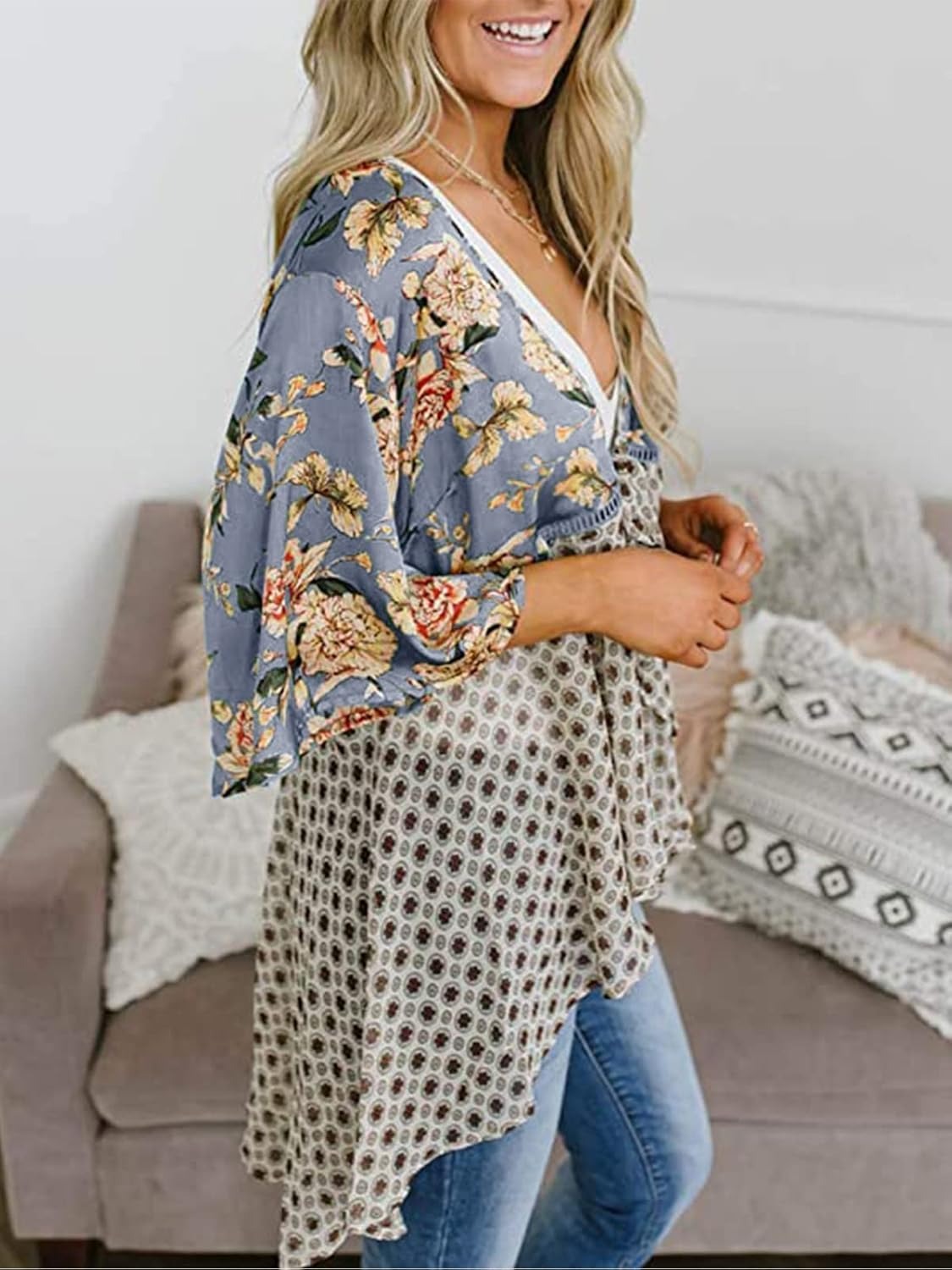 Damen Kimono mit Blumenmuster, Rüschenärmel, zum Binden, fließend, Boho, locker, als Überwurf
