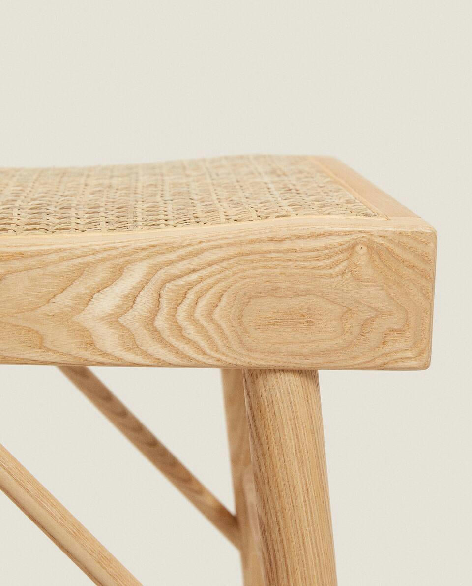 WOOD AND RATTAN BENCH