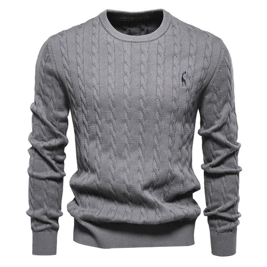 Herren Rundhals-Pullover mit Zopfmuster und Giraffenstickerei